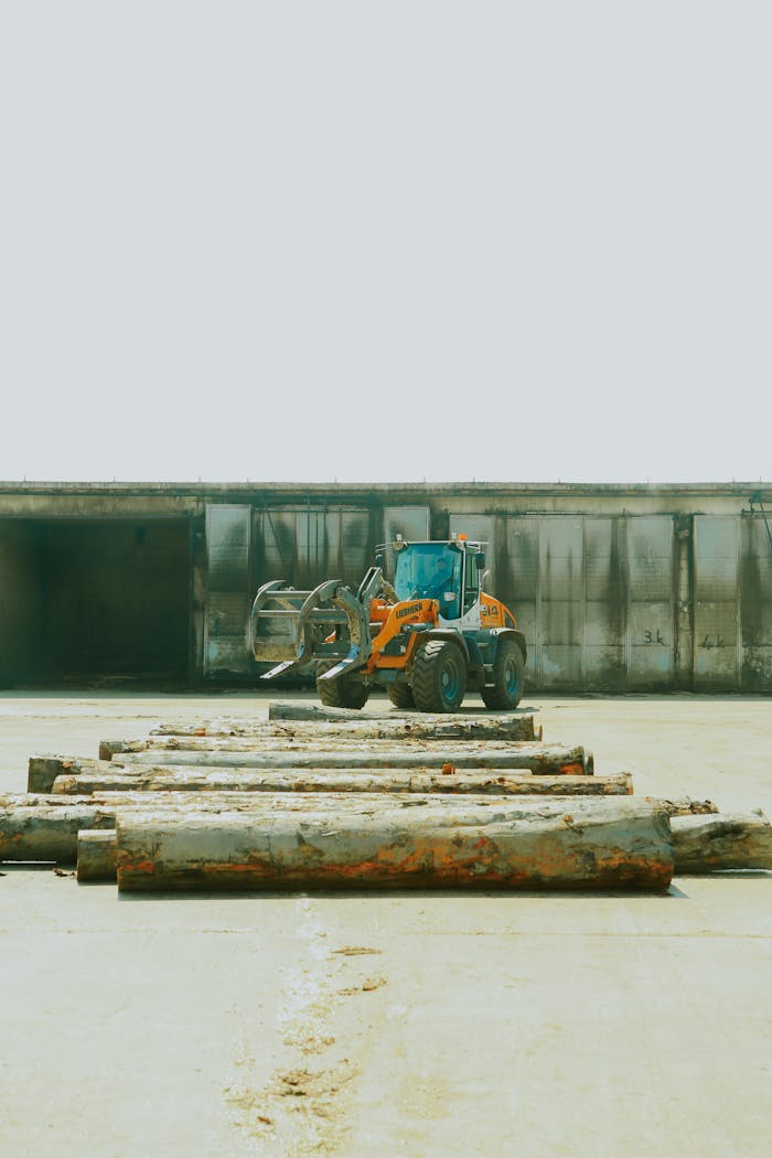 Front view of a large tractor handling logs in a spacious industrial warehouse.